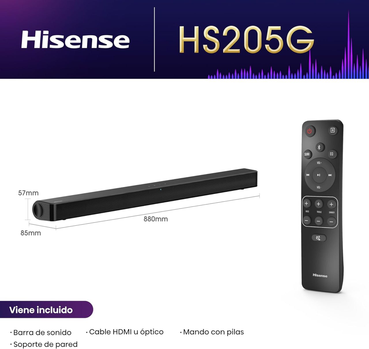 Barra de Sonido Hisense HS205G sobre un mueble de TV